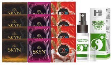 Комплект: Пролонгатор SHS Orgasm Control Spray 15 мл + 8 шт SKYN + 4 шт EXS Strawberry SOS10926 фото