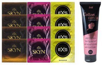 Комплект: Лубрикант Intt Cotton Candy (100 мл) +8 шт. SKYN + 4 шт. EXS Mixed Flavors Banana SOS10456 фото