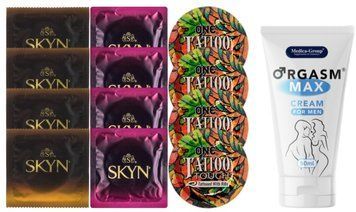 Комплект: Пролонгатор Medica-Group Orgasm Max for Men 50 мл + 8 шт SKYN + 4 шт ONE Tattoo SOS10974 фото
