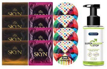 Комплект: Пролонгатор Super Orgasm Stop Гель (150 мл) + 8 шт SKYN + 4 шт One Extreme ribs SOS10781 фото