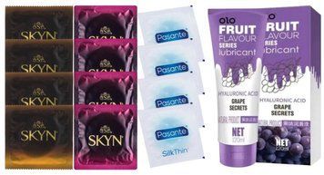 Комплект: Лубрикант OLO зі смаком винограду (120 мл) + 8 шт SKYN + 4 шт. Pasante Silk SOS10680 фото