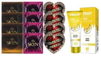 Комплект: Лубрикант OLO Banana (120 мл) +8 шт. SKYN + 4 шт. Pasante Heart SOS10480 фото
