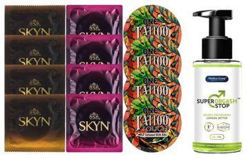 Комплект: Пролонгатор Super Orgasm Stop Гель (150 мл) + 8 шт SKYN + 4 шт ONE Tattoo SOS10779 фото