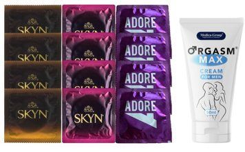 Комплект: Пролонгатор Medica-Group Orgasm Max for Men 50 мл + 8 шт SKYN + 4 шт Pasante Adore SOS10969 фото