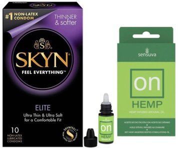 Набір з SKYN Elite (10 шт) + збуджувальні краплі Sensuva ON for Her Hemp Infused Arousal Oil (5 мл) SOS9747 фото