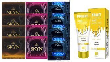 Комплект: Лубрикант OLO Banana (120 мл) +8 шт. SKYN + 4 шт. Pasante Extra Safe SOS10493 фото