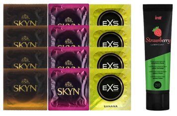 Комплект: Лубрикант Intt Strawberry (100 мл) + 8 шт SKYN + 4 шт EXS Mixed Flavors Banana SOS10395 фото