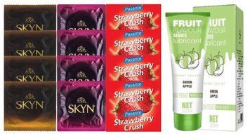 Комплект: Лубрикант OLO зі смаком яблука (120 мл) + 8 шт SKYN + 4 шт. Pasante Strawberry SOS10721 фото