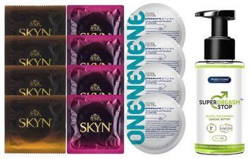 Комплект: Пролонгатор Super Orgasm Stop Гель (150 мл) + 8 шт SKYN + 4 шт 𝐎𝐍𝐄 𝐏𝐥𝐞𝐚𝐬𝐮𝐫𝐞 𝐏𝐥𝐮𝐬 SOS10771 фото