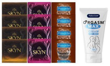 Комплект: Пролонгатор Medica-Group Orgasm Max for Men 50 мл + 8 шт SKYN + 4 шт Pasante Chocolate SOS10960 фото