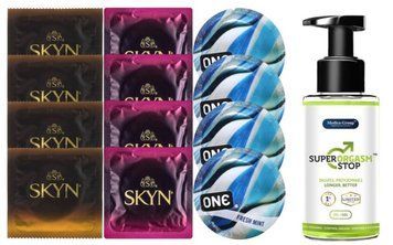 Комплект: Пролонгатор Super Orgasm Stop Гель (150 мл) + 8 шт SKYN + 4 шт ONE Fresh Mint SOS10766 фото