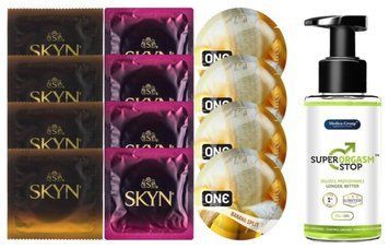 Комплект: Пролонгатор Super Orgasm Stop Гель (150 мл) + 8 шт SKYN + 4 шт ONE Banana SOS10764 фото