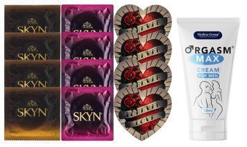 Комплект: Пролонгатор Medica-Group Orgasm Max for Men 50 мл + 8 шт SKYN + 4 шт Pasante Heart SOS10956 фото