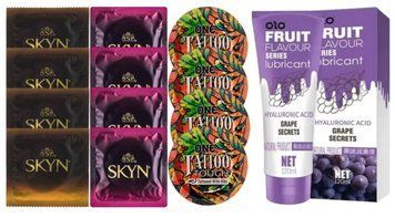 Комплект: Лубрикант OLO зі смаком винограду (120 мл) + 8 шт SKYN + 4 шт. ONE Tattoo Touch SOS10661 фото
