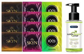 Комплект: Пролонгатор Super Orgasm Stop Гель (150 мл) + 8 шт SKYN + 4 шт EXS Glow in the Dark SOS10807 фото