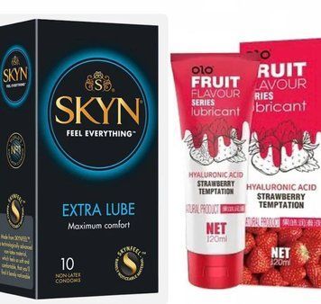 Набор : Skyn Exstra Lube (10 шт) и Лубрикант OLO со вкусом клубники 120 мл SOS54 фото