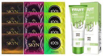 Комплект: Лубрикант OLO зі смаком яблука (120 мл) + 8 шт SKYN + 4 шт. EXS Glow in the Dark SOS10706 фото