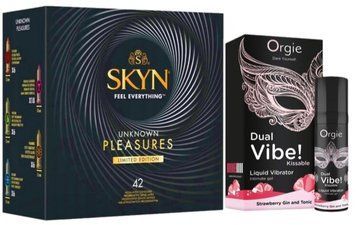 Набір з SKYN Pleasures (42 шт) + Рідкий вібратор Orgie Dual Vibe! Strawberry Gin & Tonic Kissable Liquid Vibrator (15 мл) SOS10028 фото