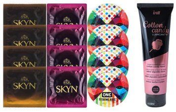 Комплект: Лубрикант Intt Cotton Candy (100 мл) + 8 шт. SKYN + 4 шт. One Extreme ribs SOS10429 фото