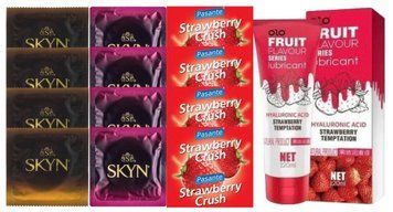 Комплект: Лубрикант OLO зі смаком полуниці (120 мл) + 8 шт SKYN + 4 шт Pasante Strawberry Crush SOS10603 фото