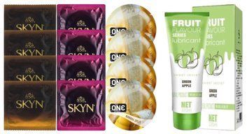 Комплект: Лубрикант OLO зі смаком яблука (120 мл) + 8 шт SKYN + 4 шт ONE Banana Split SOS10749 фото