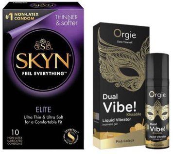 Набір з SKYN Elite (10 шт) + Рідкий вібратор SEXY VIBE "Коктейль Піна Колада" DUAL VIBE! (15 мл) від Orgie SOS9721 фото