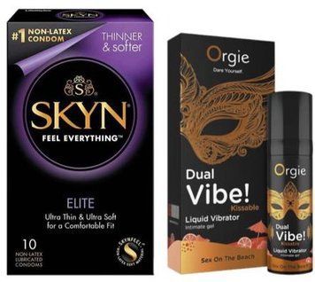 Набір з SKYN Elite (10 шт) + Рідкий вібратор SEXY VIBE "Коктейль Секс на пляжі" DUAL VIBE! (15 мл) від Orgie SOS9720 фото