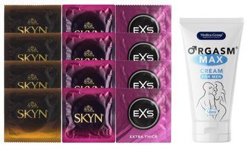 Комплект: Пролонгатор Medica-Group Orgasm Max for Men 50 мл + 8 шт SKYN + 4 шт EXS Extra Thick SOS10941 фото