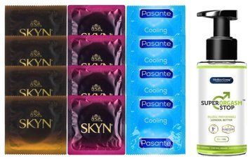 Комплект: Пролонгатор Super Orgasm Stop Гель (150 мл) + 8 шт SKYN + 4 шт Pasante Cooling SOS10796 фото