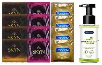 Комплект: Пролонгатор Super Orgasm Stop Гель (150 мл) + 8 шт SKYN + 4 шт Pasante King Size SOS10788 фото
