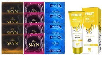 Комплект: Лубрикант OLO Banana (120 мл) +8 шт. SKYN + 4 шт. Pasante Ribbed SOS10495 фото