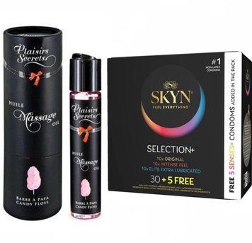 Набір : Масажна олія Plaisir Secret Candy Floss 59 мл та SKYN Selection 30 + 5 of 5 Senses 35 шт SOS664 фото