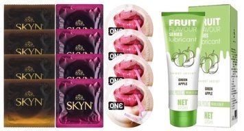 Комплект: Лубрикант OLO зі смаком яблука (120 мл) + 8 шт SKYN + 4 шт 𝐎𝐍𝐄 Bubblegum SOS10737 фото