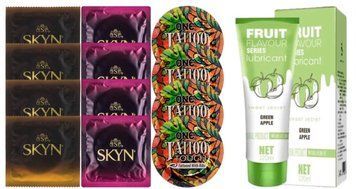 Комплект: Лубрикант OLO зі смаком яблука (120 мл) + 8 шт SKYN + 4 шт ONE Tattoo SOS10734 фото