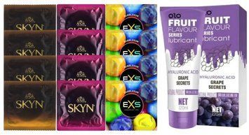 Комплект: Лубрикант OLO зі смаком винограду (120 мл) + 8 шт SKYN + 4 шт. EXS BUBBLEGUM SOS10684 фото