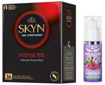 Набір з SKYN Intense Feel (36 шт) + рідки вібратор 5th Paradise Liquid Vibrator &mdash; Червоні ягоди (30 мл) SOS9856 фото